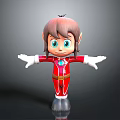 Cute 3D Cartoon Elf Character With Brown Hair Blue Eyes White Gloves And Red Jumpsuit