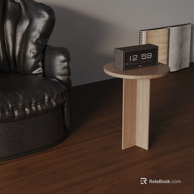 Round Top Wooden Side Table With Crossed Base Beside Black Leather Chair And Clock 3d model 