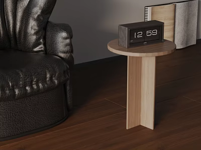 Round Top Wooden Side Table With Crossed Base Beside Black Leather Chair And Clock 3d model