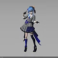 Blue Haired Character In Plaid Outfit With Bow Holding Small Animal Toy Against Gray Backdrop