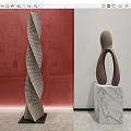 Spiral And Abstract Human Figure Sculptures On Marble Bases With Red Wall Background