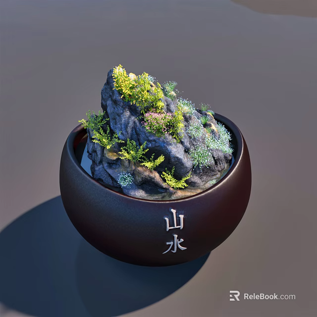 Bonsai Potted Plant with Rock Formation Green Plants and Shanshui Inscription 3d model 
