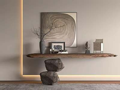 Minimalist Wooden Console Table With Circular Painting Stone Base And LED Strip Lighting 3d model