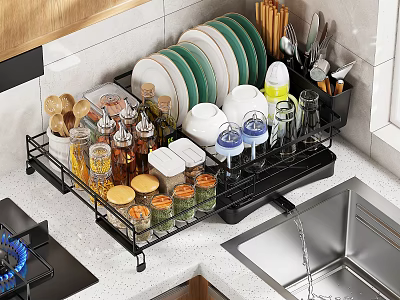 Neatly Arranged Spice Bottles On Kitchen Countertop With Storage Organizer And Utensils 3d model
