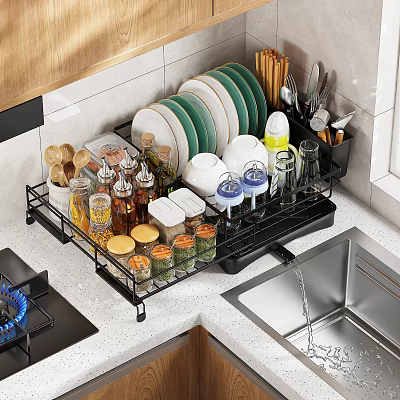 Neatly Arranged Spice Bottles On Kitchen Countertop With Storage Organizer And Utensils 3d model