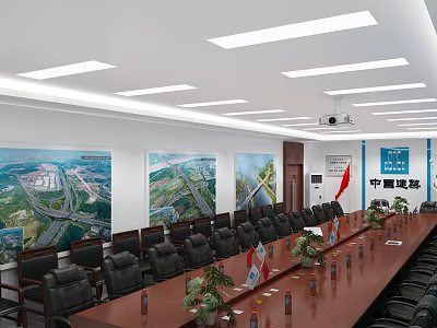 Modern Conference Room Setup With Long Wooden Table Black Chairs Wall Images Projector And Plants 3d model
