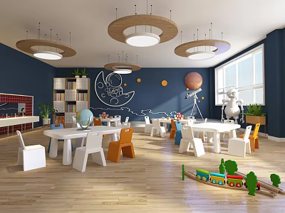 Kindergarten Classroom With Dark Blue Walls Moon Planet Murals White Tables And Wooden Floors 3d model