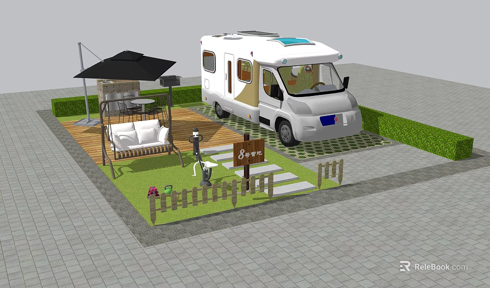 White RV Camping Site With Canopy Relaxation Area And Green Lawn 3d model 