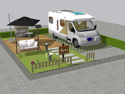 White RV Camping Site With Canopy Relaxation Area And Green Lawn 3d model
