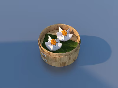Fresh White Lotus Shaped Pastries in Bamboo Steamer with Green Leaves 3d model