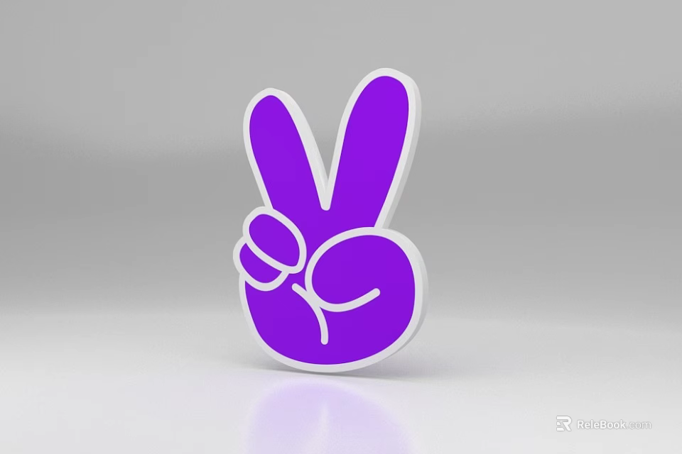 3D Designed Purple Peace Hand Gesture With White Outline And Gray Background 3d model 