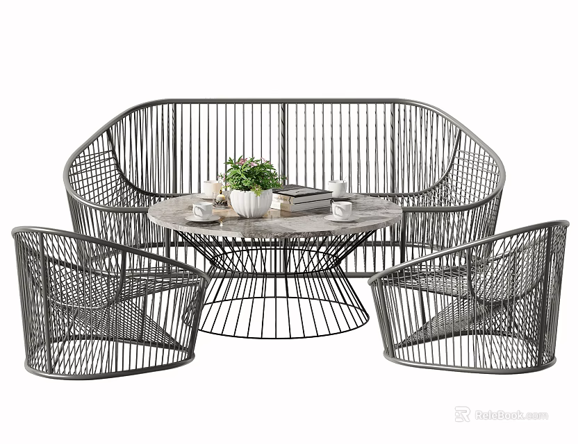 Outdoor Rattan Sofa Set with Round Design Matching Chairs and Coffee Table with Green Plant 3d model 