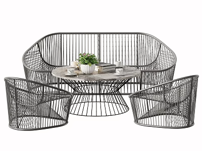 Outdoor Rattan Sofa Set with Round Design Matching Chairs and Coffee Table with Green Plant 3d model