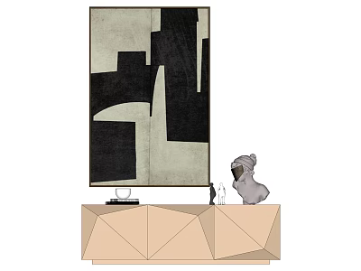 Abstract Black White Painting Above Beige Geometric Cabinet With Sculpture Decor 3d model