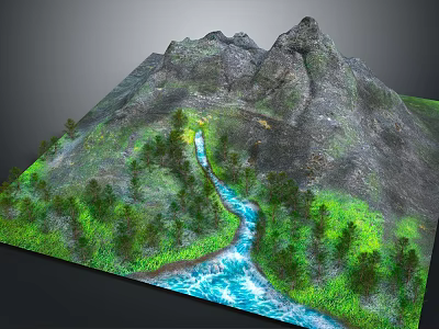 Detailed 3D Mountain Landscape With Flowing River And Lush Green Vegetation 3d model