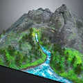 Detailed 3D Mountain Landscape With Flowing River And Lush Green Vegetation