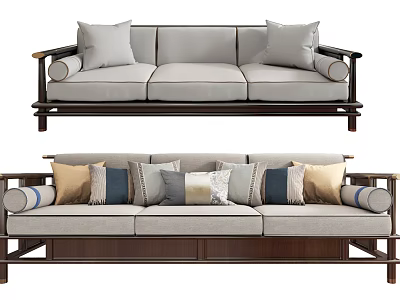 Modern Chinese Style Three Seater Sofa With Wooden Frame And Decorative Cushions 3d model