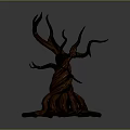 Cartoon Scene of Twisted Tree with Tangled Branches and Brown Roots on Gray Background