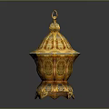 Ornate Golden Decorative Vessel With Intricate Carvings Lid And Base