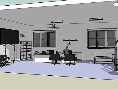 Modern Office Interior Design With Desk Chairs Bookshelf Sofa And Windows 3d model