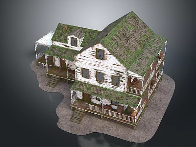 Cartoon Scene Of Old House With Green Mossy Roof White Weathered Walls Porch And Steps 3d model