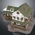 Cartoon Scene Of Old House With Green Mossy Roof White Weathered Walls Porch And Steps