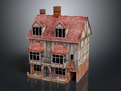 Traditional Model House With Red Tiled Roof Chimneys And Wooden Framed Windows 3d model