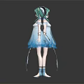Anime Character With Green Hair White Hat And Blue White Gradient Dress Creature Design