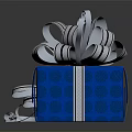 Decorative Blue Gift Box With White Ribbon Bow And Scattered Ribbons On Dark Reflective Surface