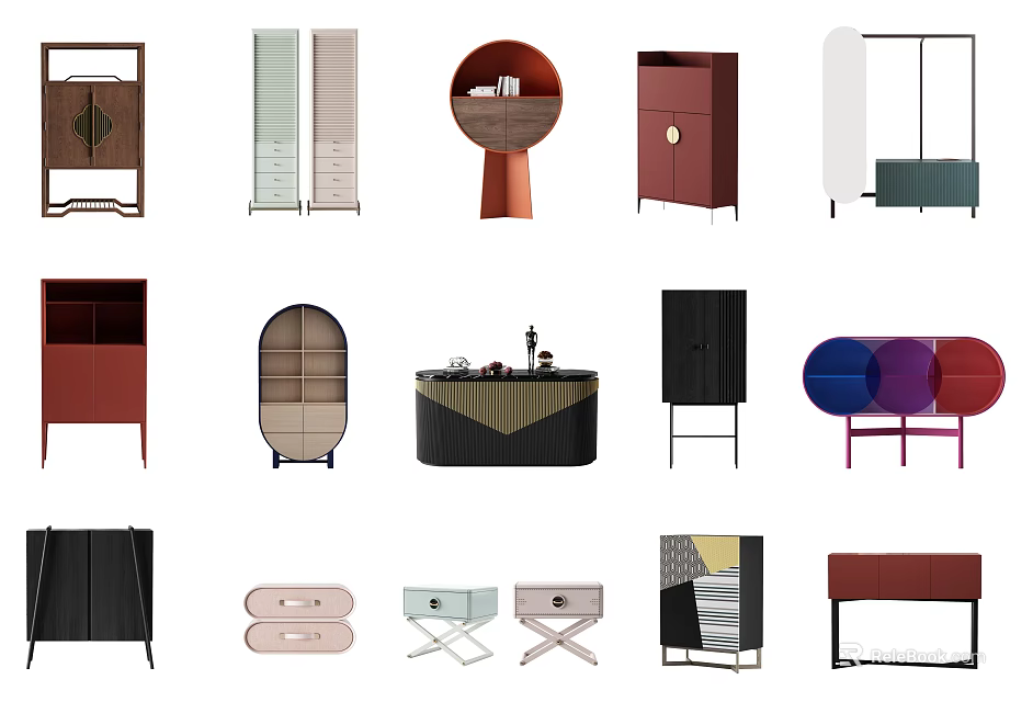 Modern Entryway And Side Cabinets With Various Styles And Decorative Designs 3d model