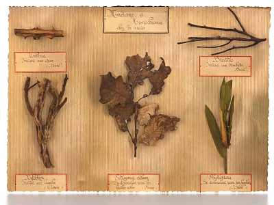 Botanical Specimen Style Decorative Ornament Set with Dried Leaves Branches Label Tags on Vintage Paper 3d model