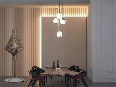 Modern Stylish Lockers In Contemporary Dining Room With Pendant Lights And Wooden Table 3d model