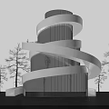 Modern Spiral Library Building With Glass Facade Wooden Elements Night Lighting And Surrounding Trees