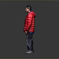 Man wearing red puffer jacket blue shirt gray pants and gray shoes against gray background