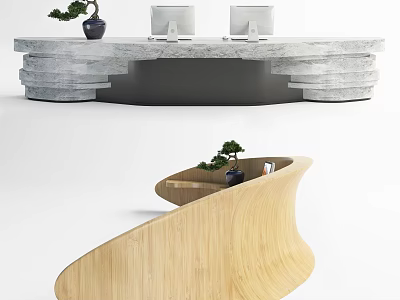 Curved Gray Stone And Wooden Reception Desk With Computer Monitors Small Potted Plant 3d model