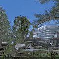Unique Forest Guesthouse With Wavy Roof Design On Elevated Platform And Pine Tree Surroundings