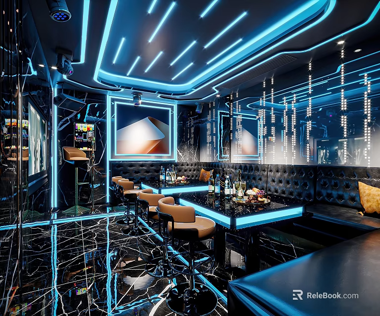 Stylish KTV Room With Neon Lights And Modern Decor 3d model 