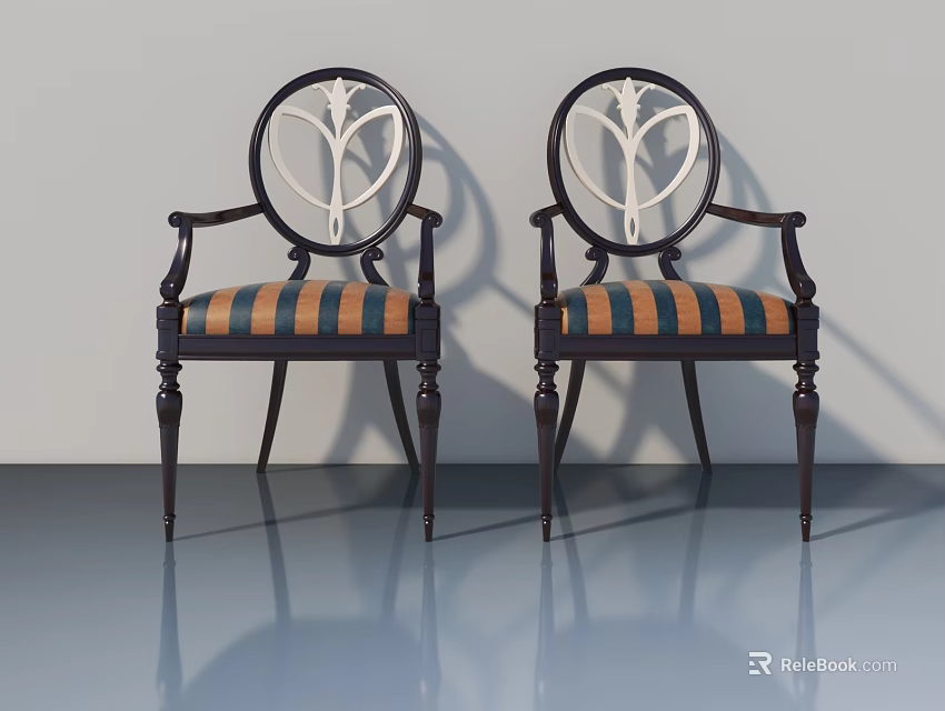Two Elegant Dark Wood Chairs With White Carved Backrest And Striped Fabric Seats 3d model 