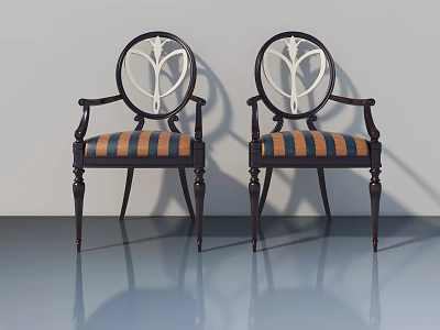 Two Elegant Dark Wood Chairs With White Carved Backrest And Striped Fabric Seats 3d model