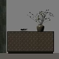 Modern Console Side Cabinet With Fish Scale Pattern And Vase With Green Buds On Top 3d model