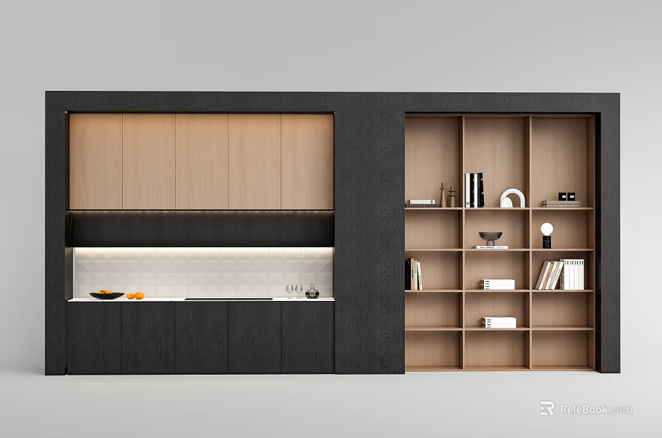 Modern Black And Wooden Kitchen Wall Cabinets With Storage And Open Shelves 3d model 