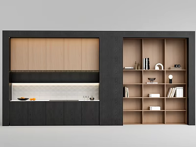 Modern Black And Wooden Kitchen Wall Cabinets With Storage And Open Shelves 3d model