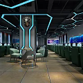 Modern Tech Gaming Cafe Interior With Spacious Space Blue Lighting Gaming Chairs And Computers 3d model