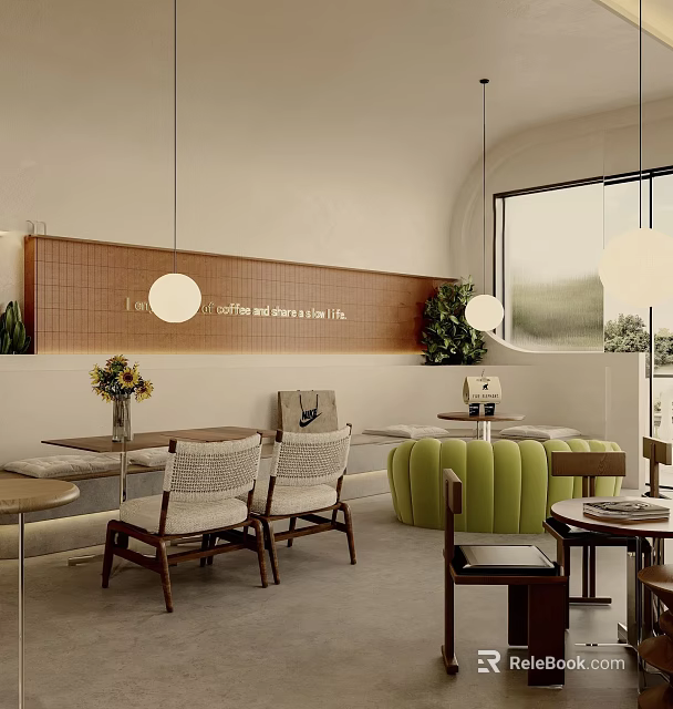 Modern Cozy Cafe Interior With Hanging Lights Green Plants And Comfortable Seating 3d model 