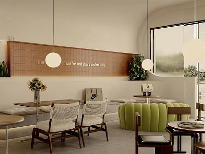 Modern Cozy Cafe Interior With Hanging Lights Green Plants And Comfortable Seating 3d model