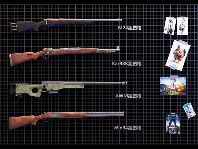 Various Sniper Rifles Including M24 Kar98k AWM Win94 Showcased with Game Cards 3d model Various Sniper Rifles Including M24 Kar98k AWM Win94 Showcased with Game Cards 3d model