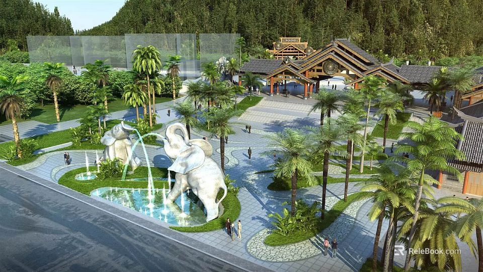 Exquisite Garden Landscape With Elephant Sculptures Fountains Palm Trees And Chinese Style Pavilion 3d model 