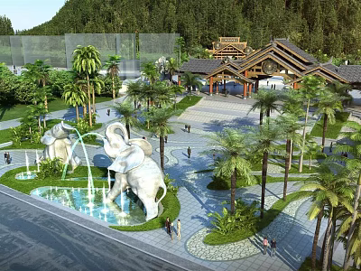 Exquisite Garden Landscape With Elephant Sculptures Fountains Palm Trees And Chinese Style Pavilion 3d model