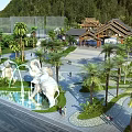Exquisite Garden Landscape With Elephant Sculptures Fountains Palm Trees And Chinese Style Pavilion