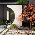 Garden Wall With Circular Design Surrounded By Maple Tree Shrubs Stones And Lantern 3d model